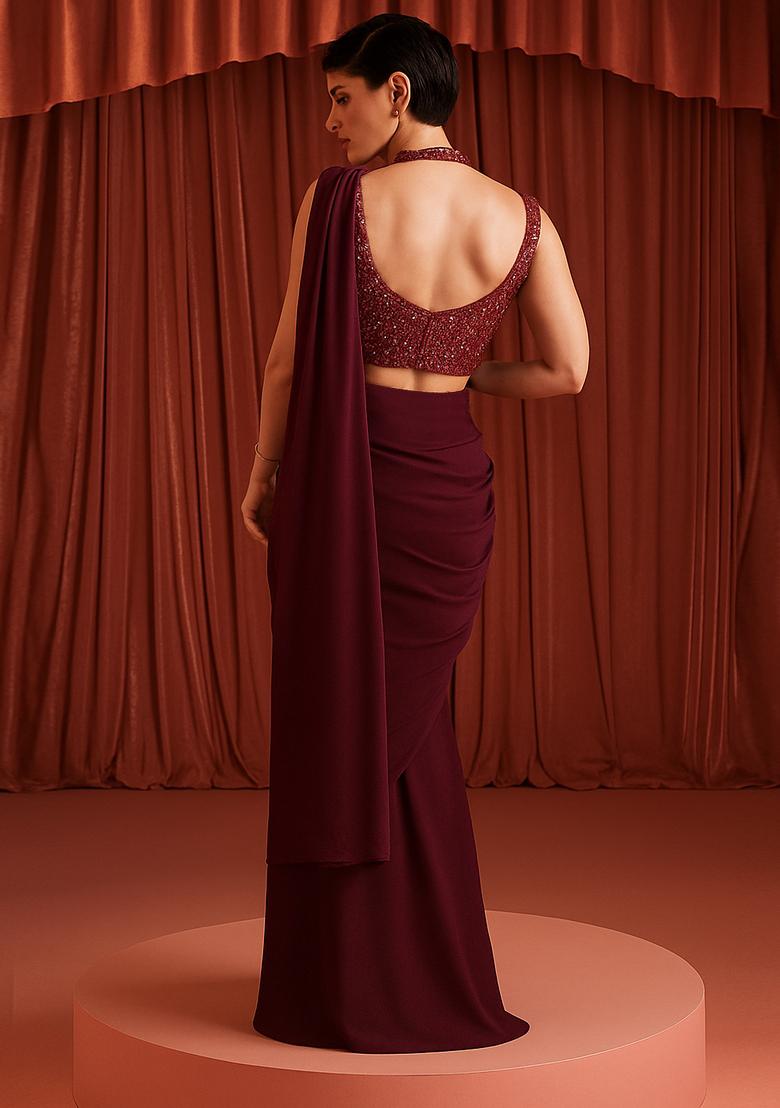 Maroon Georgette Sequin Embroidered Blouse Pre Draped Saree Set