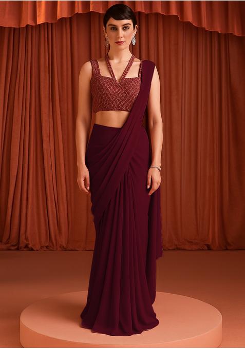 Maroon Georgette Sequin Embroidered Blouse Pre Draped Saree Set
