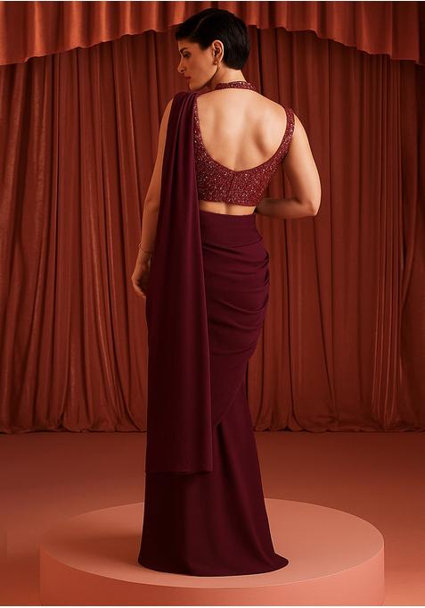 Maroon Georgette Sequin Embroidered Blouse Pre Draped Saree Set
