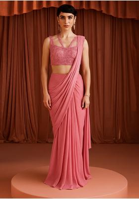 Bright Rose Pink Georgette Sequin Embroidered Blouse Pre Draped Saree Set