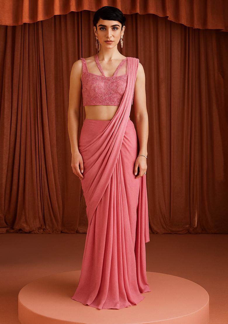 Bright Rose Pink Georgette Sequin Embroidered Blouse Pre Draped Saree Set