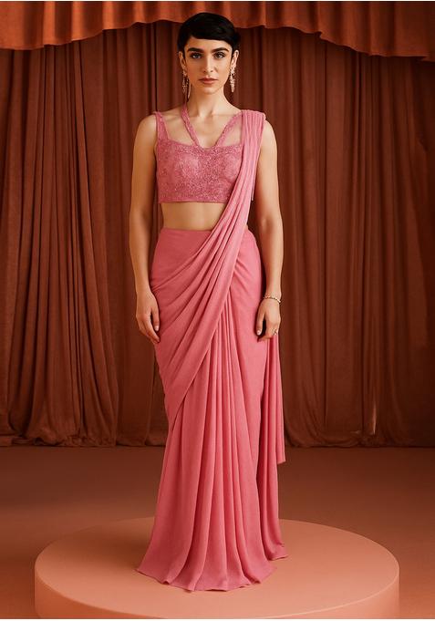Bright Rose Pink Georgette Sequin Embroidered Blouse Pre Draped Saree Set