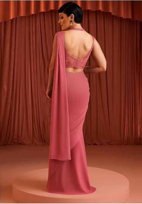 Bright Rose Pink Georgette Sequin Embroidered Blouse Pre Draped Saree Set