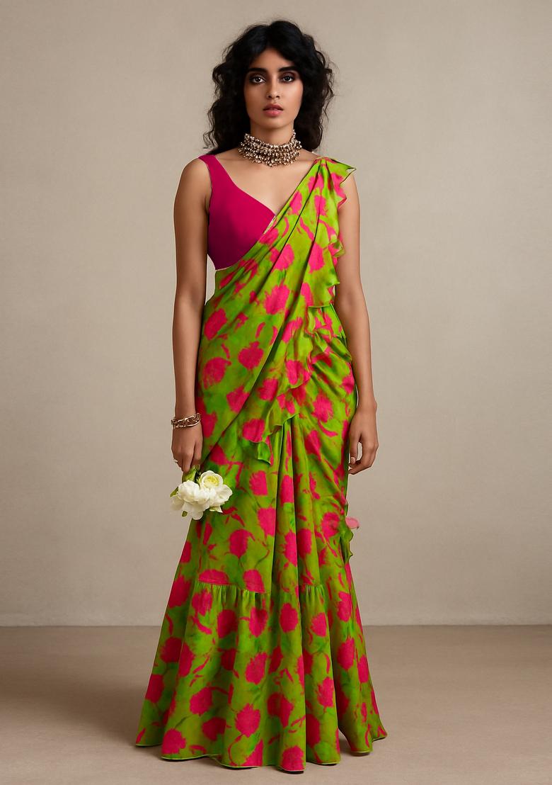 Lime Green Chiffon Printed Blouse Pre Draped Saree Set