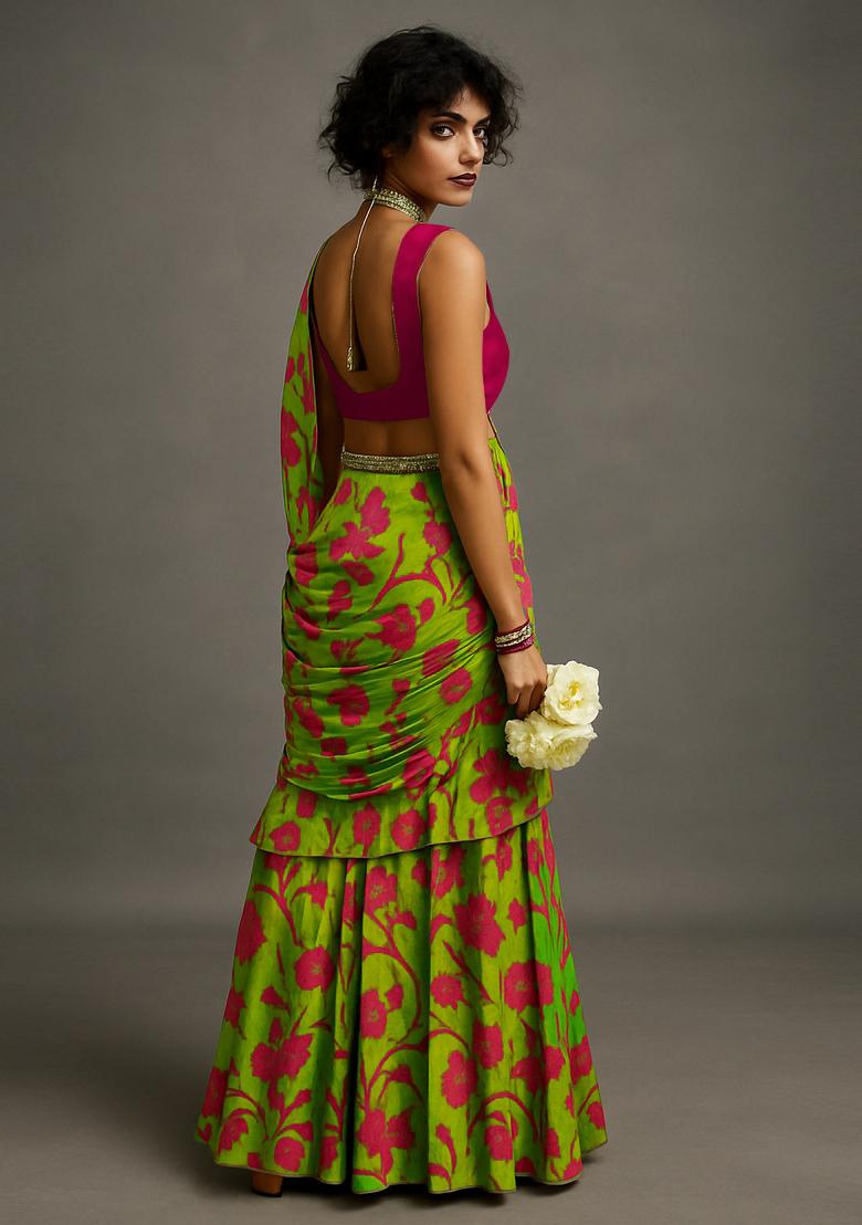 Lime Green Chiffon Printed Blouse Pre Draped Saree Set