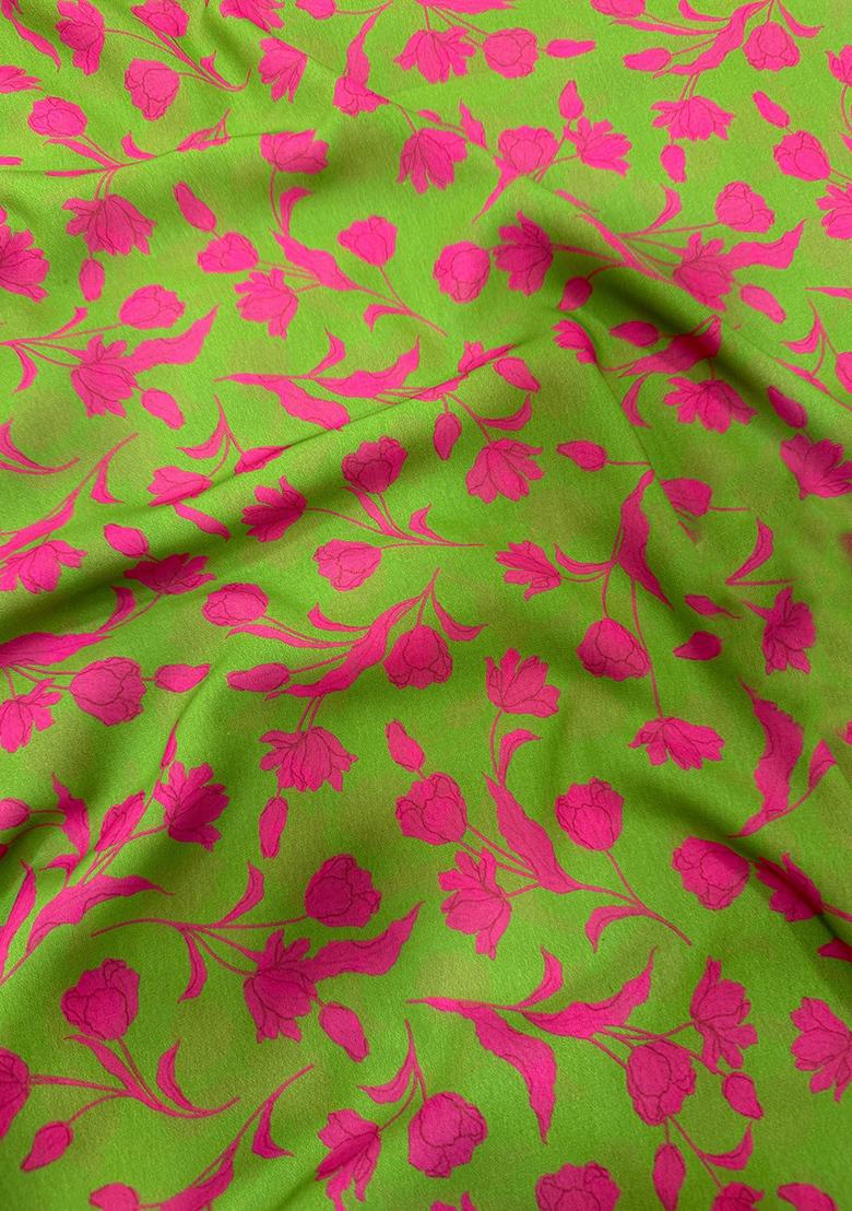Lime Green Chiffon Printed Blouse Pre Draped Saree Set