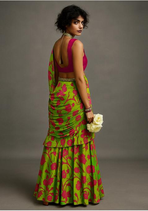 Lime Green Chiffon Printed Blouse Pre Draped Saree Set