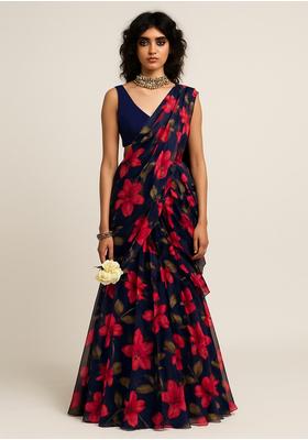 Deep Blue Chiffon Printed Blouse Pre Draped Saree Set