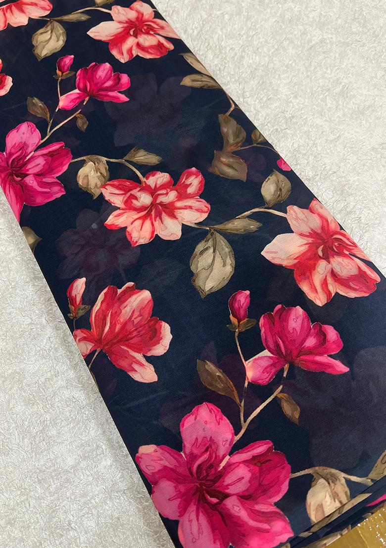 Deep Blue Chiffon Printed Blouse Pre Draped Saree Set