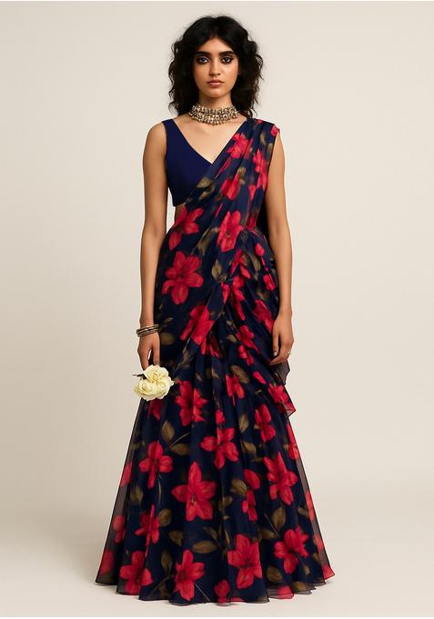 Deep Blue Chiffon Printed Blouse Pre Draped Saree Set