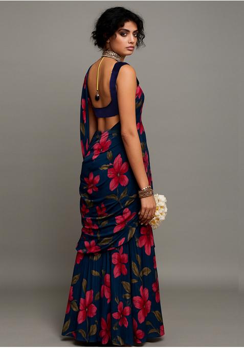 Deep Blue Chiffon Printed Blouse Pre Draped Saree Set