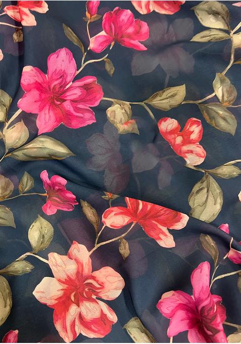 Deep Blue Chiffon Printed Blouse Pre Draped Saree Set