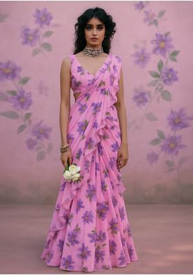 Pastel Pink Chiffon Printed Blouse Pre Draped Saree Set