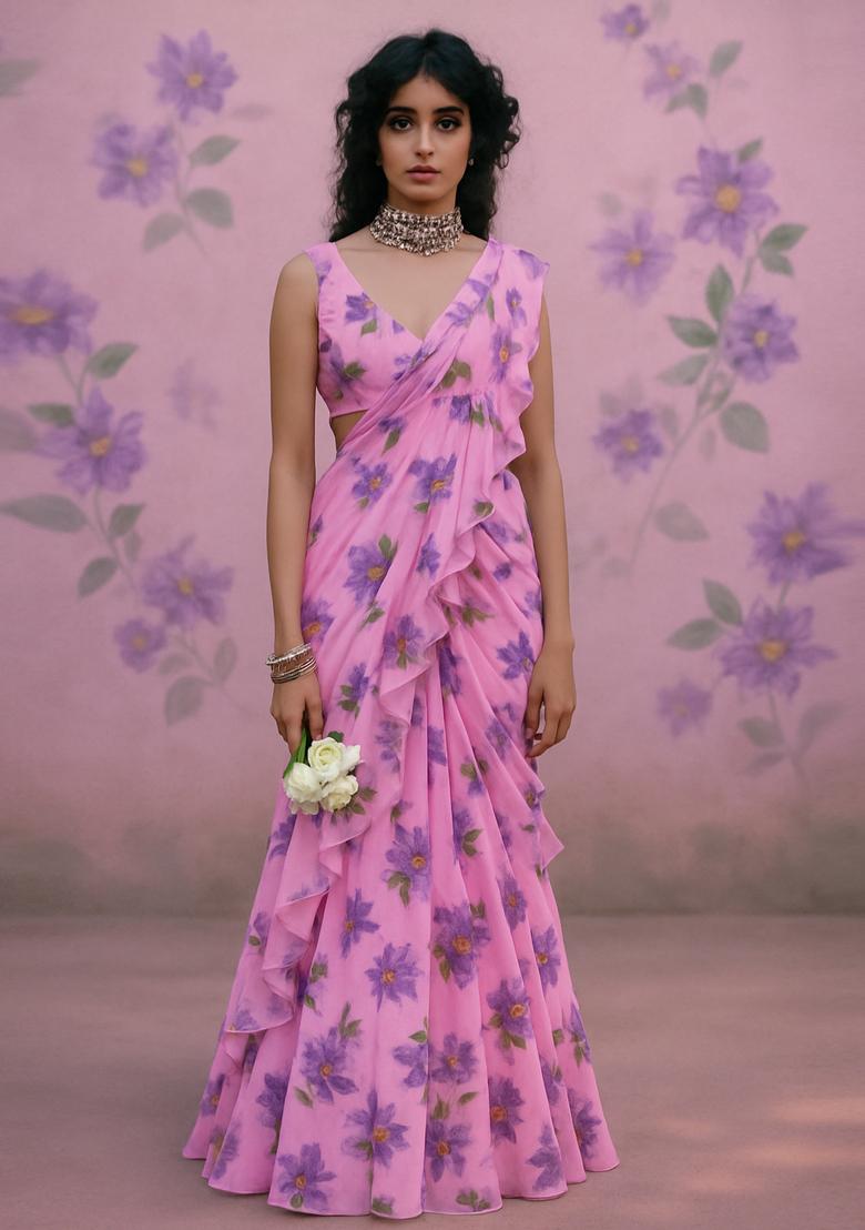 Pastel Pink Chiffon Printed Blouse Pre Draped Saree Set