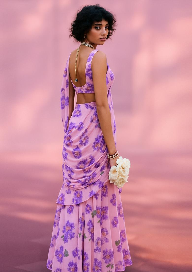 Pastel Pink Chiffon Printed Blouse Pre Draped Saree Set