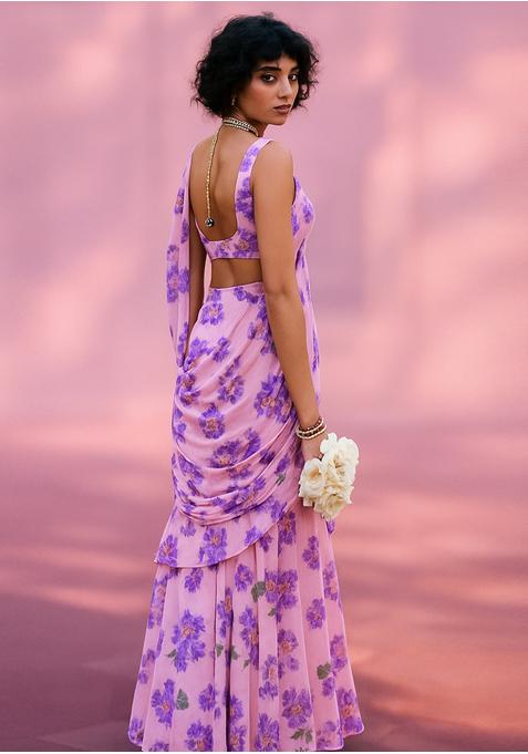 Pastel Pink Chiffon Printed Blouse Pre Draped Saree Set