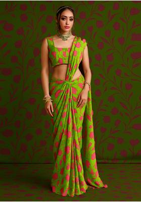Lime Green Georgette Printed Blouse Pre Draped Saree Set