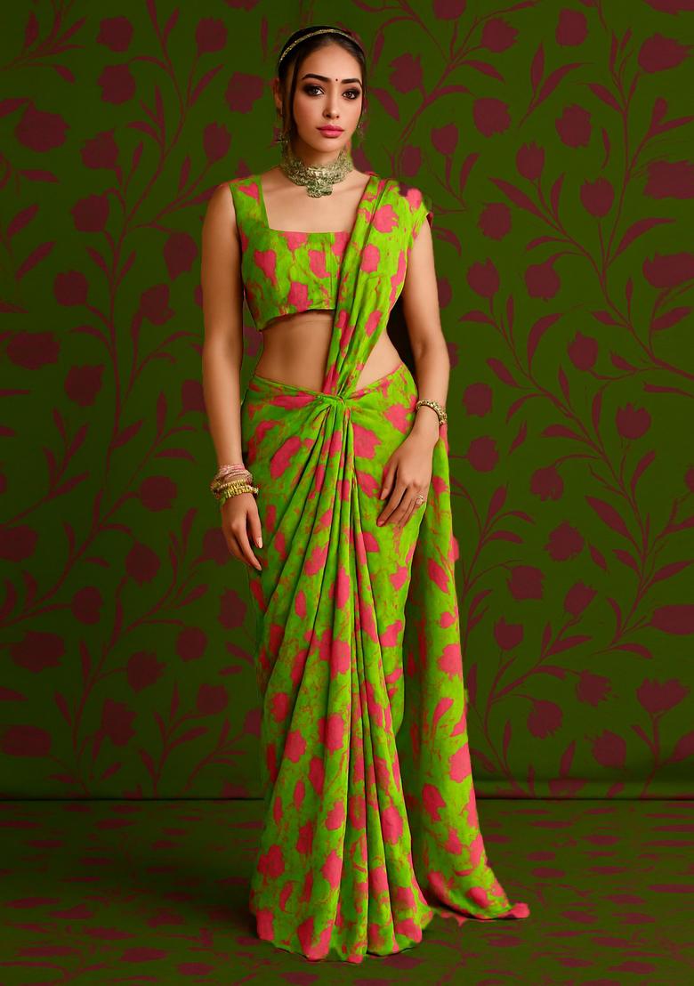 Lime Green Georgette Printed Blouse Pre Draped Saree Set