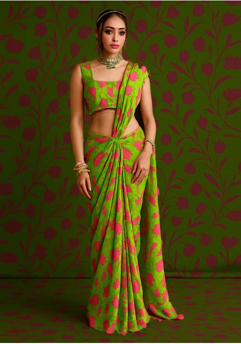 Lime Green Georgette Printed Blouse Pre Draped Saree Set