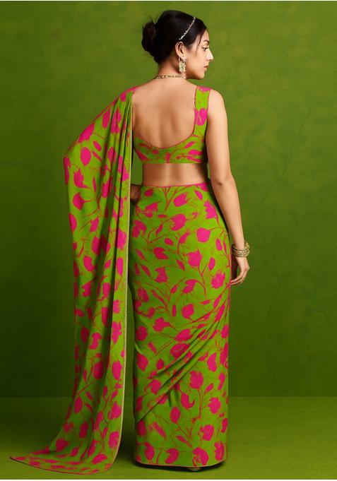 Lime Green Georgette Printed Blouse Pre Draped Saree Set