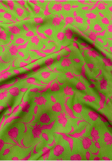 Lime Green Georgette Printed Blouse Pre Draped Saree Set