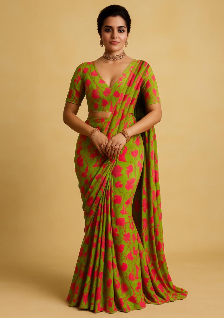 Lime Green Georgette Printed Blouse Pre Draped Saree Set