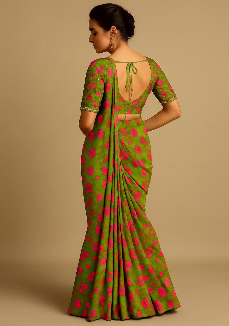 Lime Green Georgette Printed Blouse Pre Draped Saree Set - Indya