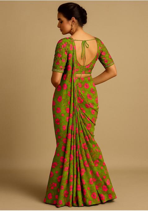 Lime Green Georgette Printed Blouse Pre Draped Saree Set