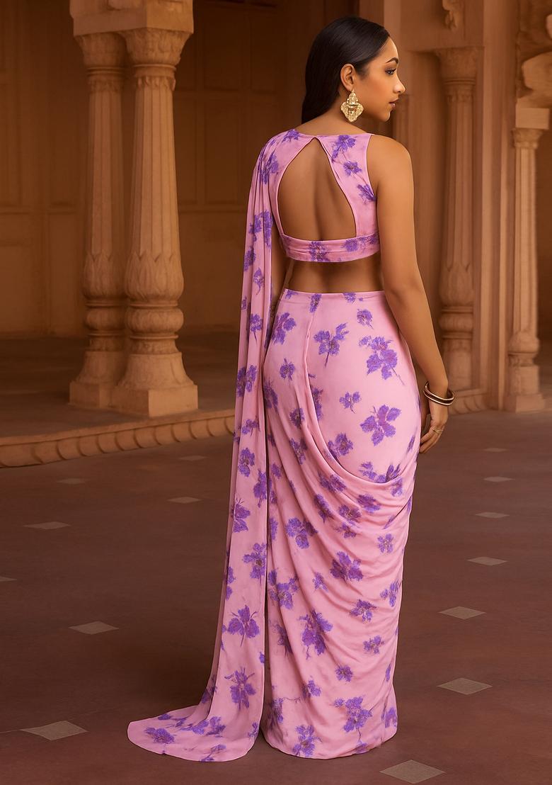 Pastel Pink Chiffon Printed Pre Draped Saree Set