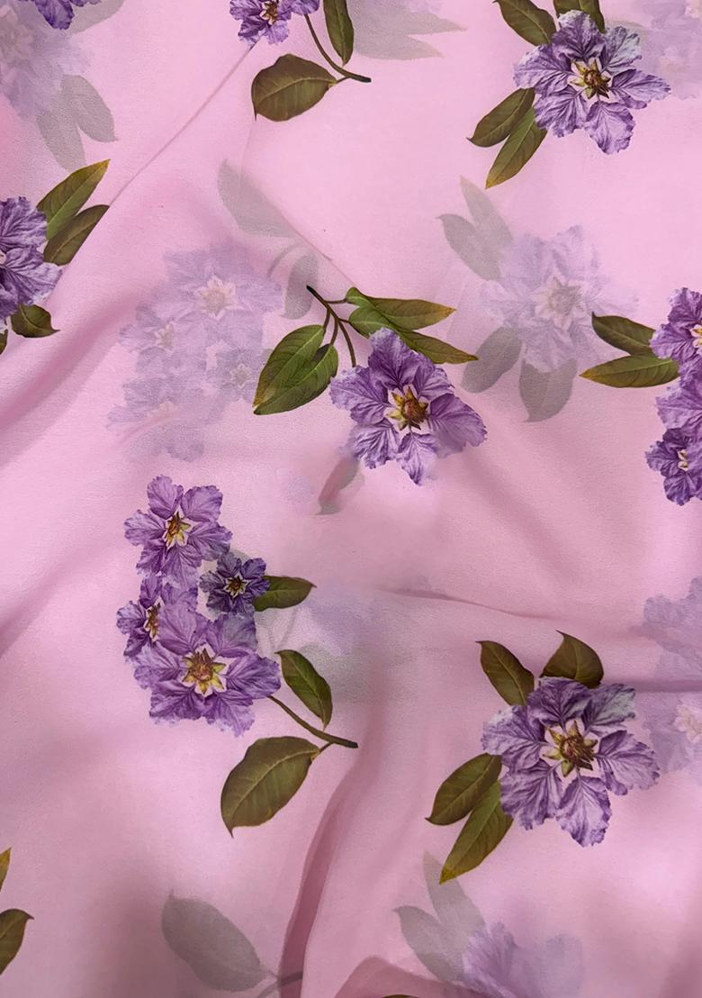 Pastel Pink Chiffon Printed Pre Draped Saree Set