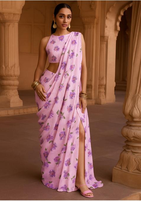 Pastel Pink Chiffon Printed Pre Draped Saree Set