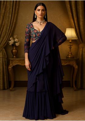 Dark Blue Georgette Embroidered Blouse Pre Draped Saree Set