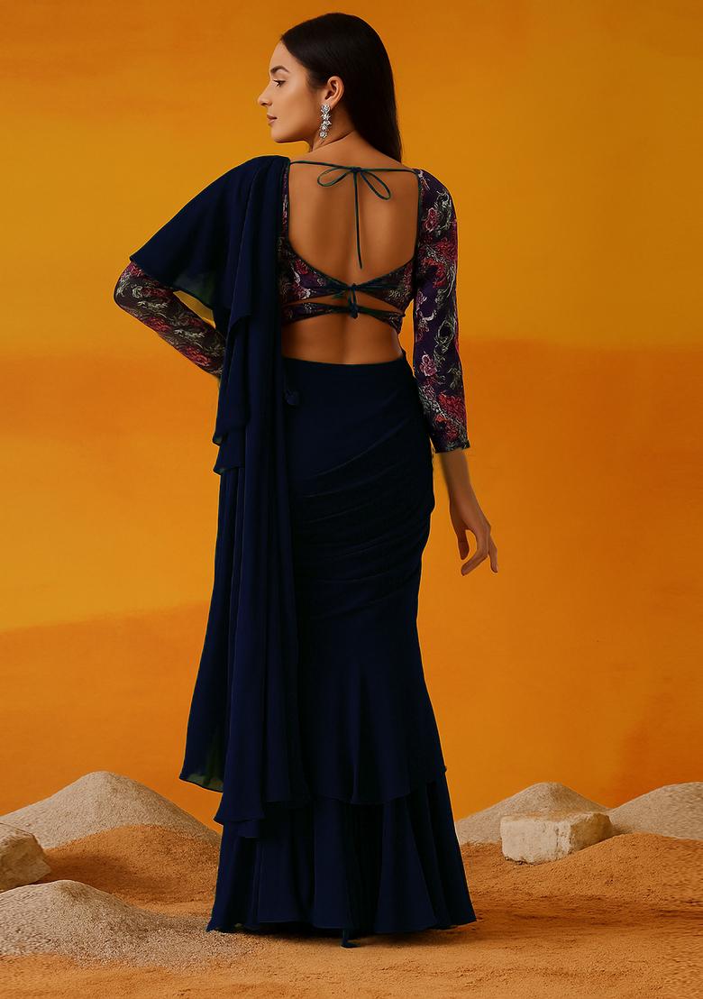 Dark Blue Georgette Embroidered Blouse Pre Draped Saree Set - Indya
