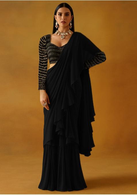Black Georgette Embroidered Blouse Pre Draped Saree Set