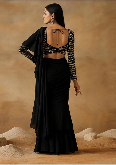 Black Georgette Embroidered Blouse Pre Draped Saree Set