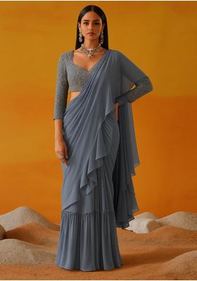Grey Georgette Sequin Embroidered Blouse Pre Draped Saree Set