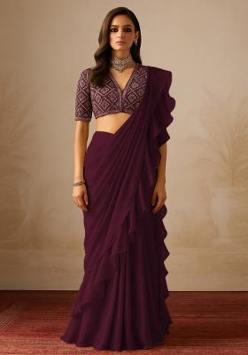 Maroon Georgette Sequin Embroidered Blouse Pre Draped Saree Set