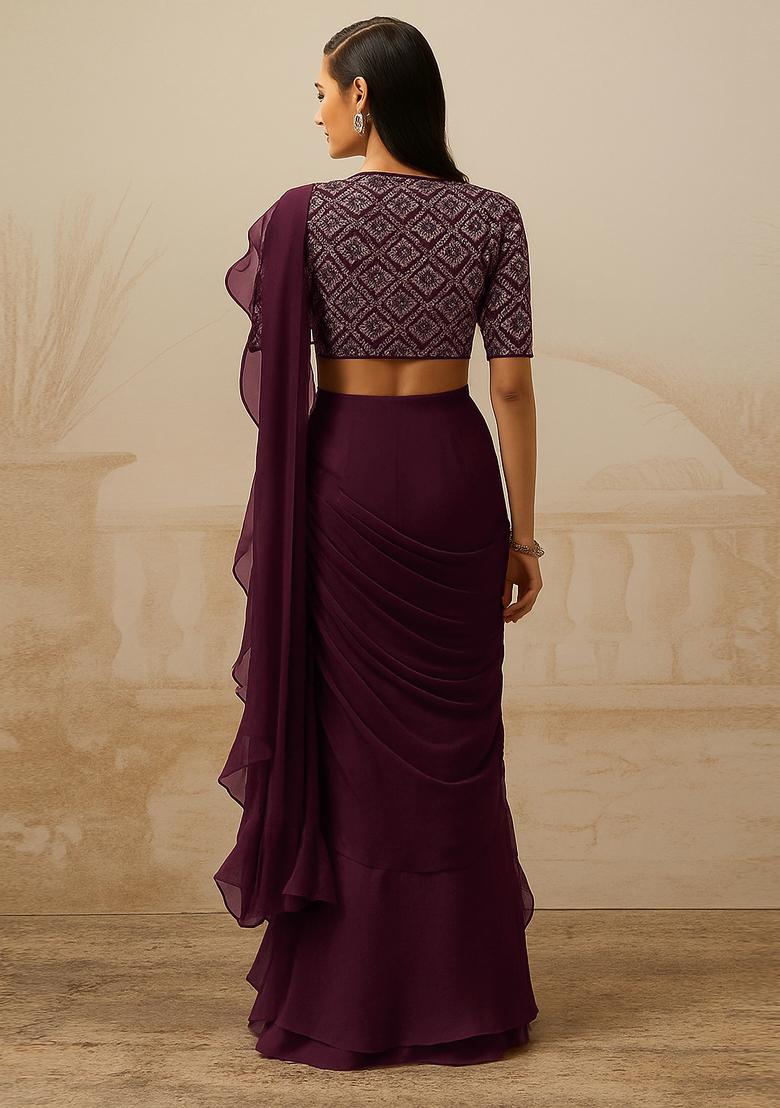 Maroon Georgette Sequin Embroidered Blouse Pre Draped Saree Set - Indya