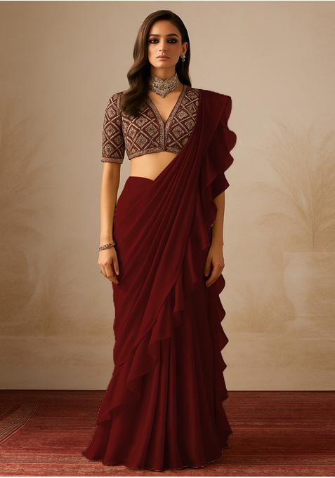 Maroon Georgette Sequin Embroidered Blouse Pre Draped Saree Set