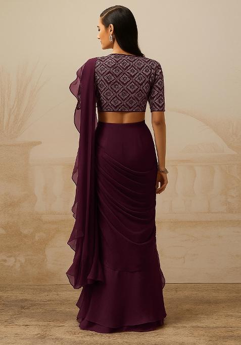 Maroon Georgette Sequin Embroidered Blouse Pre Draped Saree Set