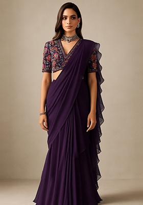 Purple Georgette Sequin Embroidered Blouse Pre Draped Saree Set