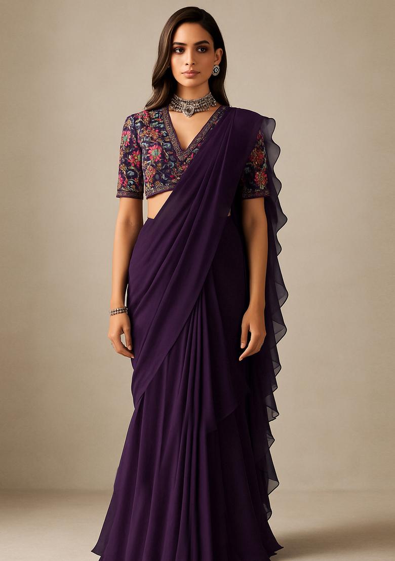 Purple Georgette Sequin Embroidered Blouse Pre Draped Saree Set