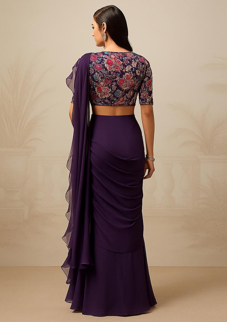Purple Georgette Sequin Embroidered Blouse Pre Draped Saree Set - Indya