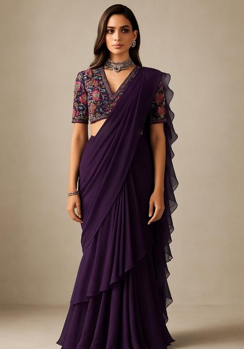 Purple Georgette Sequin Embroidered Blouse Pre Draped Saree Set