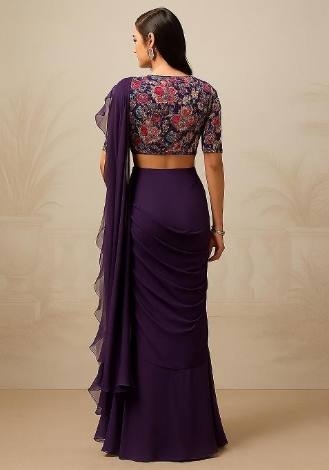 Purple Georgette Sequin Embroidered Blouse Pre Draped Saree Set