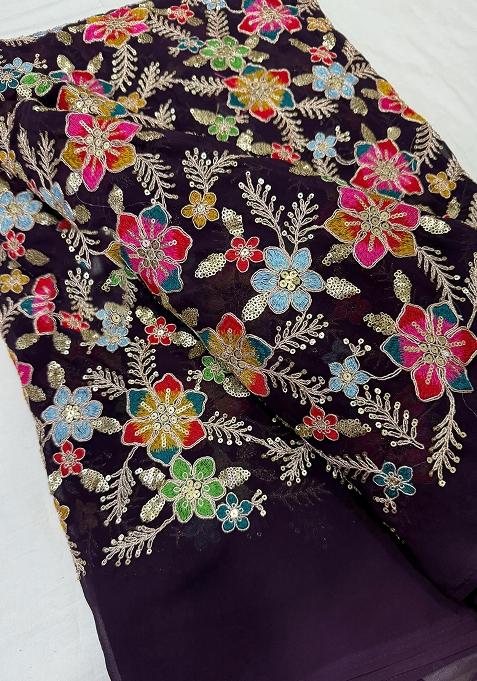 Purple Georgette Sequin Embroidered Blouse Pre Draped Saree Set