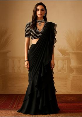 Black Georgette Sequin Embroidered Blouse Pre Draped Saree Set