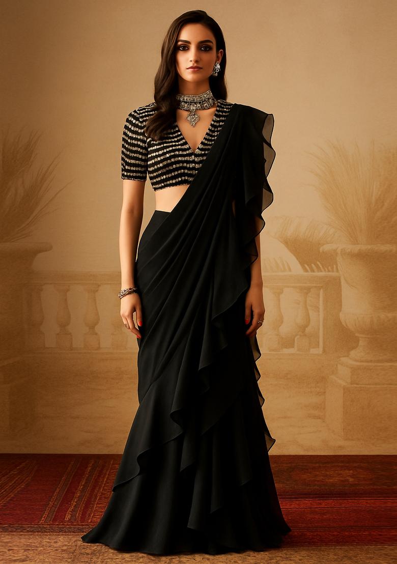 Black Georgette Sequin Embroidered Blouse Pre Draped Saree Set