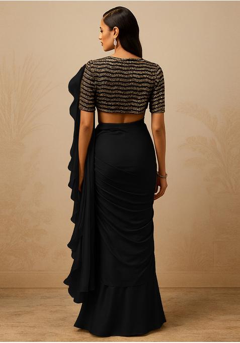 Black Georgette Sequin Embroidered Blouse Pre Draped Saree Set