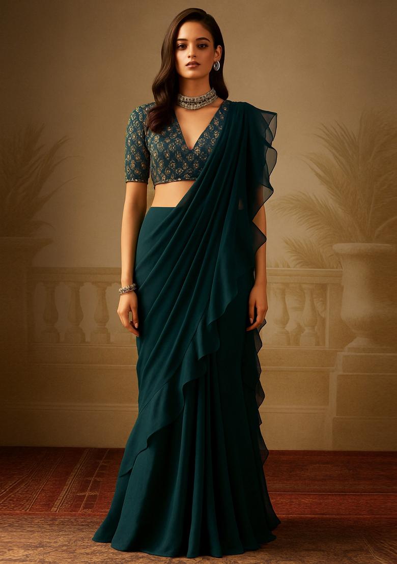 Green Georgette Sequin Embroidered Blouse Pre Draped Saree Set